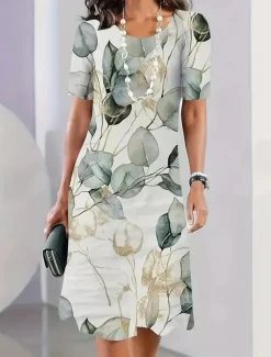 Women's Elegant Midi Dress T Shirt Dress Tee Dress Shift Dress Party Evening Casual Formal Daily Regular Fit Floral Abstract Short Sleeve Crew Neck Red Blue Green Spring