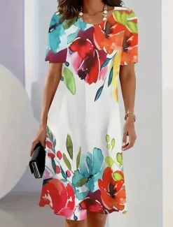 Women's Elegant Midi Dress T Shirt Dress Tee Dress Shift Dress Party Evening Casual Formal Daily Regular Fit Floral Abstract Short Sleeve Crew Neck Red Blue Green Spring