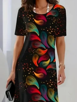 Women's Elegant Party Evening Midi Dress Crew Neck Short Sleeve Shift Dress A Line Dress Casual Boho Daily Regular Fit Ombre Floral Graphic Black Summer Spring Fall