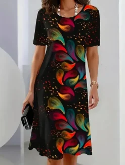 Women's Elegant Party Evening Midi Dress Crew Neck Short Sleeve Shift Dress A Line Dress Casual Boho Daily Regular Fit Ombre Floral Graphic Black Summer Spring Fall