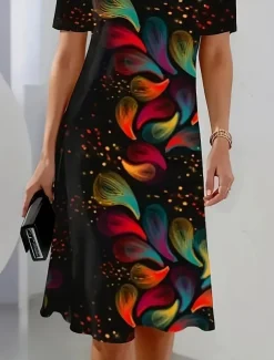 Women's Elegant Party Evening Midi Dress Crew Neck Short Sleeve Shift Dress A Line Dress Casual Boho Daily Regular Fit Ombre Floral Graphic Black Summer Spring Fall