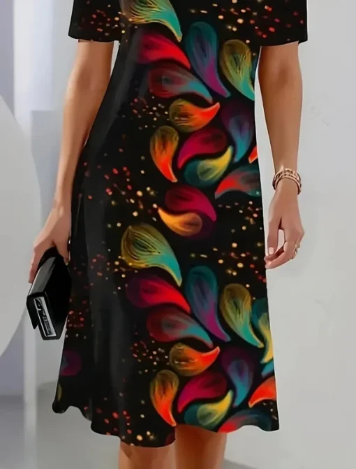 Women's Elegant Party Evening Midi Dress Crew Neck Short Sleeve Shift Dress A Line Dress Casual Boho Daily Regular Fit Ombre Floral Graphic Black Summer Spring Fall