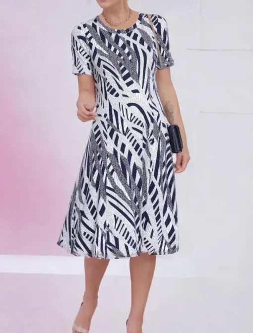Women's Elegant Party Evening Midi Dress Crew Neck Short Sleeve Casual Dress Shift Dress Summer Dress Vintage Work Casual Loose Fit Geometric Gray Summer