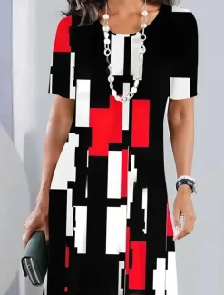 Women's Elegant Party Evening Midi Dress Crew Neck Short Sleeve Shift Dress A Line Dress Casual Boho Daily Regular Fit Graphic Geometric Plaid Black Summer Spring Fall
