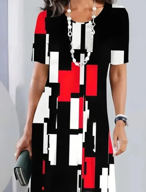 Women's Elegant Party Evening Midi Dress Crew Neck Short Sleeve Shift Dress A Line Dress Casual Boho Daily Regular Fit Graphic Geometric Plaid Black Summer Spring Fall