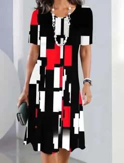 Women's Elegant Party Evening Midi Dress Crew Neck Short Sleeve Shift Dress A Line Dress Casual Boho Daily Regular Fit Graphic Geometric Plaid Black Summer Spring Fall
