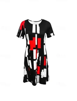 Women's Elegant Party Evening Midi Dress Crew Neck Short Sleeve Shift Dress A Line Dress Casual Boho Daily Regular Fit Graphic Geometric Plaid Black Summer Spring Fall