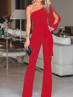 Women's Elegant Party Wedding One Shoulder White Black Pink Jumpsuit Solid Color Drawstring High Waist