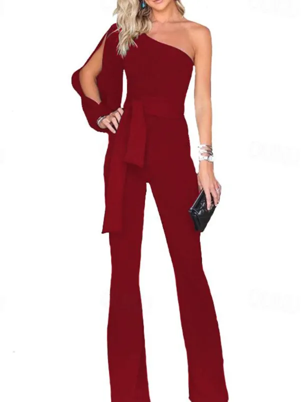 Women's Elegant Party Wedding One Shoulder White Black Pink Jumpsuit Solid Color Drawstring High Waist