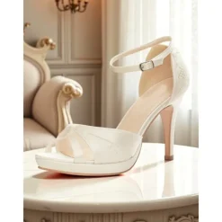 Women's Elegant Pink Satin Peep Toe High Heel Sandals with Ankle Strap and Lace Inlay – Graceful Wedding Party Shoes for Brides and Formal Events