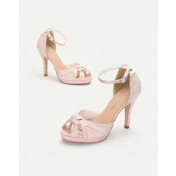Women's Elegant Pink Satin Peep Toe High Heel Sandals with Ankle Strap and Lace Inlay – Graceful Wedding Party Shoes for Brides and Formal Events