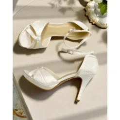 Women's Elegant Pink Satin Peep Toe High Heel Sandals with Ankle Strap and Lace Inlay – Graceful Wedding Party Shoes for Brides and Formal Events