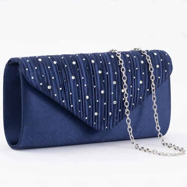 Women's Elegant Rhinestone Pleated Clutch Bag – Satin Evening Handbag with Chain Strap for Weddings, Parties, and Formal Events