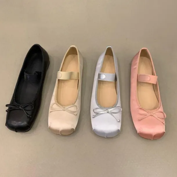 Women's Elegant Satin Ballet Flats – Soft Square Toe Mary Jane Shoes with Bow Detail, Comfortable Slip-On for Casual & Formal Occasions