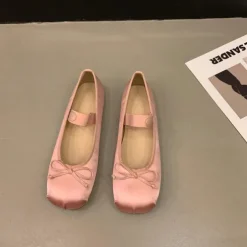 Women's Elegant Satin Ballet Flats – Soft Square Toe Mary Jane Shoes with Bow Detail, Comfortable Slip-On for Casual & Formal Occasions