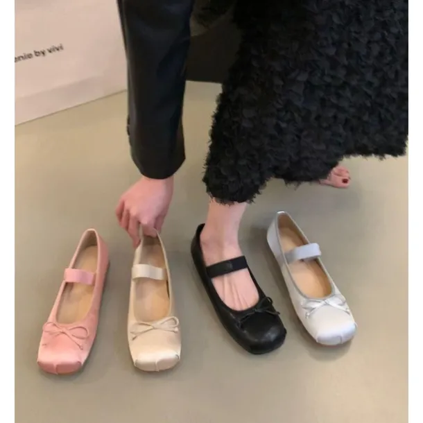 Women's Elegant Satin Ballet Flats – Soft Square Toe Mary Jane Shoes with Bow Detail, Comfortable Slip-On for Casual & Formal Occasions
