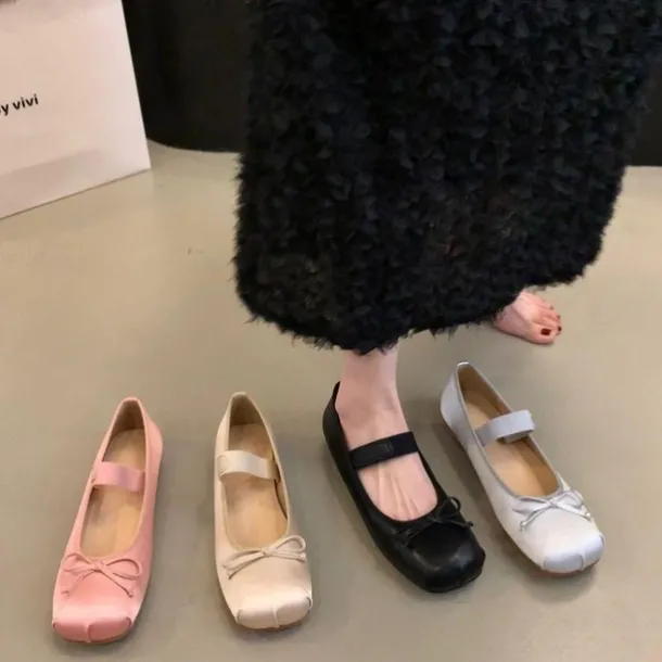 Women's Elegant Satin Ballet Flats – Soft Square Toe Mary Jane Shoes with Bow Detail, Comfortable Slip-On for Casual & Formal Occasions