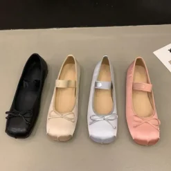 Women's Elegant Satin Ballet Flats – Soft Square Toe Mary Jane Shoes with Bow Detail, Comfortable Slip-On for Casual & Formal Occasions