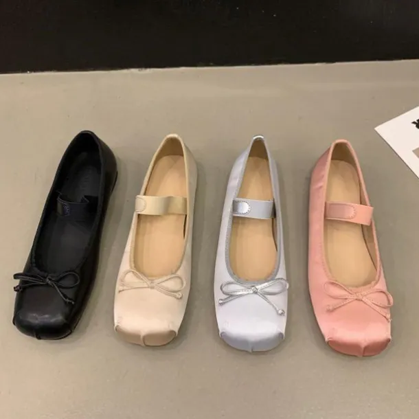 Women's Elegant Satin Ballet Flats – Soft Square Toe Mary Jane Shoes with Bow Detail, Comfortable Slip-On for Casual & Formal Occasions