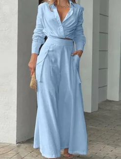 Women's Elegant Stylish Shirt Cotton Linen Sets Two Piece Sets Wide Leg Pants Long Sleeve Shirt Collar Plain Office Work Black White Blue Summer Regular Fit