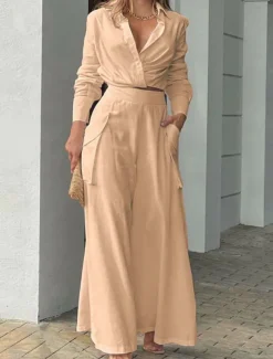 Women's Elegant Stylish Shirt Cotton Linen Sets Two Piece Sets Wide Leg Pants Long Sleeve Shirt Collar Plain Office Work Black White Blue Summer Regular Fit