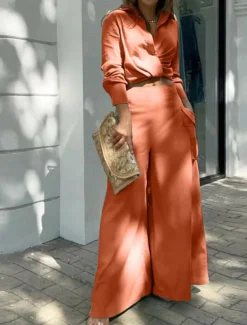 Women's Elegant Stylish Shirt Cotton Linen Sets Two Piece Sets Wide Leg Pants Long Sleeve Shirt Collar Plain Office Work Black White Blue Summer Regular Fit