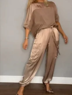 Women's Elegant T Shirt Cargo Pants 3/4 Length Sleeve Solid Color Vacation Daily Gold Fall Slim