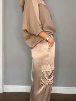 Women's Elegant T Shirt Cargo Pants 3/4 Length Sleeve Solid Color Vacation Daily Gold Fall Slim