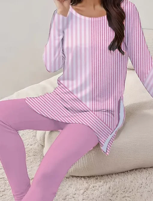 Women's Elegant Vacation Fashion T Shirt Pants Sets Long Sleeve Round Neck Floral Graphic Striped Print Casual Daily Pink Summer Regular Fit