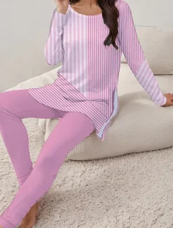 Women's Elegant Vacation Fashion T Shirt Pants Sets Long Sleeve Round Neck Floral Graphic Striped Print Casual Daily Pink Summer Regular Fit