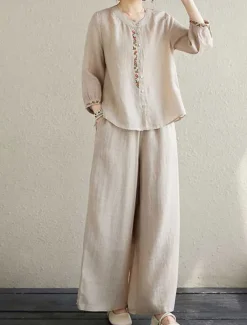 Women's Elegant Vintage Fashion Shirt Linen-Inspired Sets Two Piece Sets Chinos Pants Trousers Long Sleeve Crew Neck Solid Color Outdoor Work Casual Purple Beige Summer Regular Fit