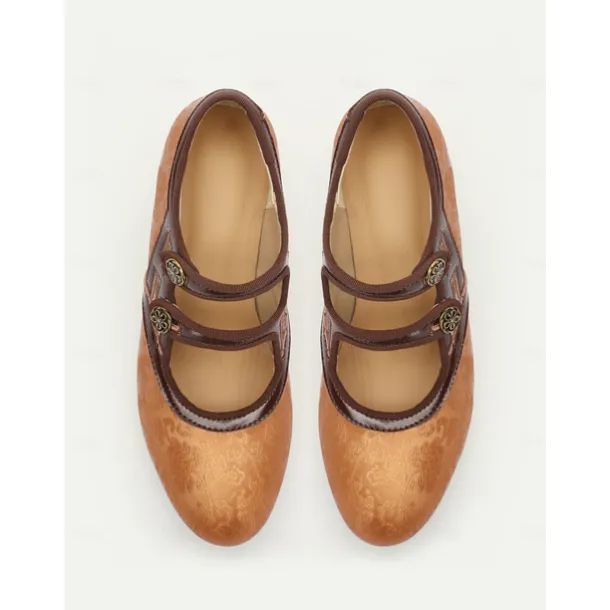 Women's Elegant Vintage T-Strap Mid-Heel Pumps - Bronze Mary Jane Shoes with Floral Button for Oktoberfest, Formal, and Casual Wear