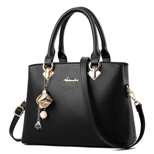 Women's Elegant White Faux Leather Handbag with Gold Hardware and Floral Charm - Stylish Shoulder Bag for Daily Use and Special Occasions