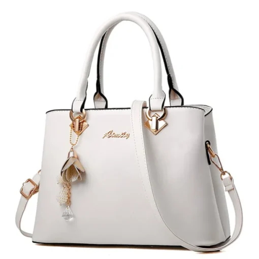 Women's Elegant White Faux Leather Handbag with Gold Hardware and Floral Charm - Stylish Shoulder Bag for Daily Use and Special Occasions