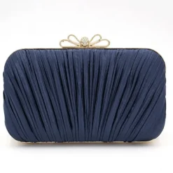 Women's Elegant White Pleated Clutch Bag – Rhinestone Bow Evening Handbag for Weddings, Parties, and Formal Events