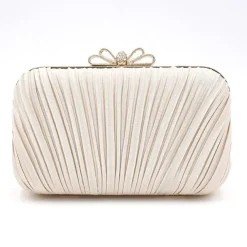 Women's Elegant White Pleated Clutch Bag – Rhinestone Bow Evening Handbag for Weddings, Parties, and Formal Events