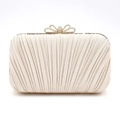 Women's Elegant White Pleated Clutch Bag – Rhinestone Bow Evening Handbag for Weddings, Parties, and Formal Events