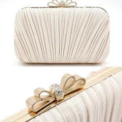 Women's Elegant White Pleated Clutch Bag – Rhinestone Bow Evening Handbag for Weddings, Parties, and Formal Events