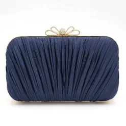 Women's Elegant White Pleated Clutch Bag – Rhinestone Bow Evening Handbag for Weddings, Parties, and Formal Events