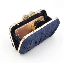 Women's Elegant White Pleated Clutch Bag – Rhinestone Bow Evening Handbag for Weddings, Parties, and Formal Events