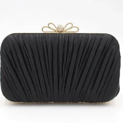 Women's Elegant White Pleated Clutch Bag – Rhinestone Bow Evening Handbag for Weddings, Parties, and Formal Events