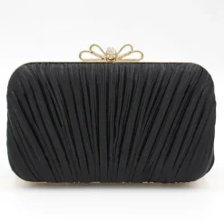 Women's Elegant White Pleated Clutch Bag – Rhinestone Bow Evening Handbag for Weddings, Parties, and Formal Events