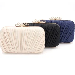 Women's Elegant White Pleated Clutch Bag – Rhinestone Bow Evening Handbag for Weddings, Parties, and Formal Events