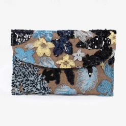 Women's Embroidered Floral Clutch - Handheld Evening Bag with Colorful Bead and Sequin Details