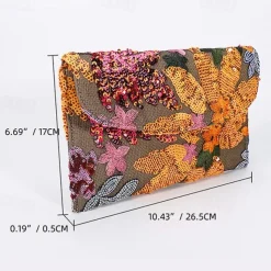 Women's Embroidered Floral Clutch - Handheld Evening Bag with Colorful Bead and Sequin Details