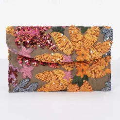 Women's Embroidered Floral Clutch - Handheld Evening Bag with Colorful Bead and Sequin Details