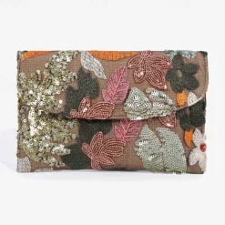 Women's Embroidered Floral Clutch - Handheld Evening Bag with Colorful Bead and Sequin Details