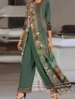 Women's Embroidered Salwar Kameez Palazzo Set Green Cream Traditional Ethnic Wear Floral Embroidery Festive Wedding Party All Season Comfort Fit