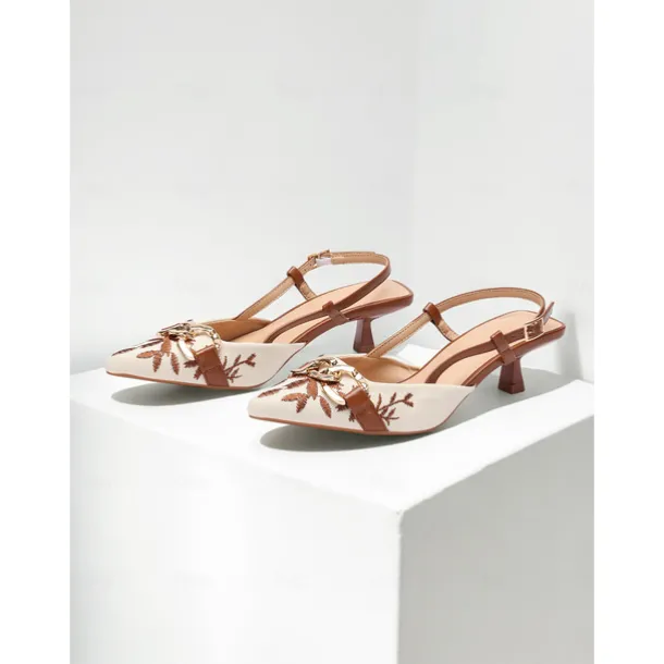 Women's Embroidered Slingback Pumps - Elegant Low Heel Shoes with Chain Detail