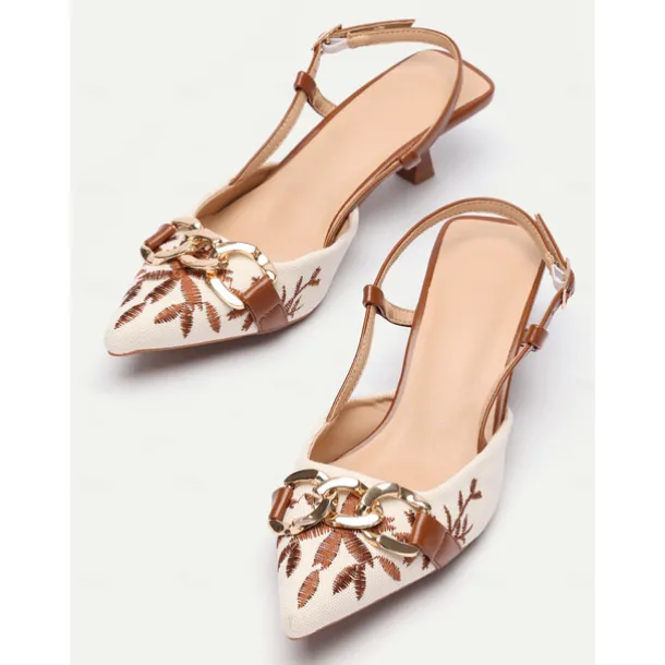 Women's Embroidered Slingback Pumps - Elegant Low Heel Shoes with Chain Detail